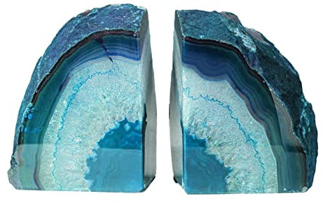 AMOYSTONE Buchstützen aus Achat, Kristall, Geode, 0,9–1,4 kg, mit rutschfesten Gummipuffern, Halter für kleine Bücher, 1 Paar