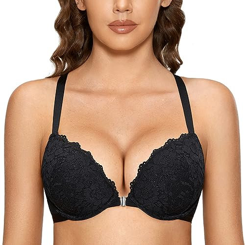 Dobreva Women's Floral Lace Front Closure Padded Push Up Underwire Bra Black 40DD