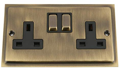 Antique Brass Slimline/Elegance Socket 2 Gang Black Insert Metal Rocker Switch