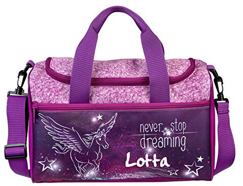 kleine Sporttasche mit Namen | Motiv Pegasus fliegendes Pferd & Sterne in pink & lila | Personalisieren & Bedrucken | Reisetasche für Mädchen