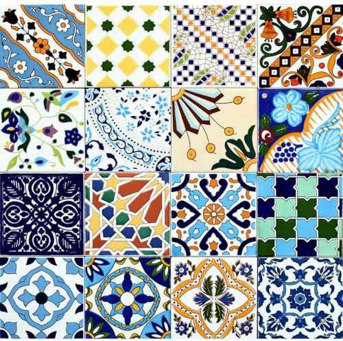16 Mattonelle MISTE in ceramica smaltata. Pacco contenente 16 mattonelle decorate 15 X 15 cm spessore 0,6 cm - Mattonelle Tunisine realizzate con Serigrafia Artigianale. Adatte a rivestimento.