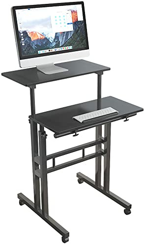 DlandHome Sitz- und Stehtisch, Betttisch, rollbar (feststellbare Rolle), Tisch, höhenverstellbar, 70 – 115 cm, multifunktionaler Computertisch mit 2 Ablagen für Laptop, Schwarz