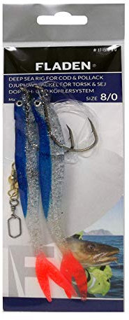 FLADEN Angelköder für Hochsee-Dorsch mit Glitzer, große Größe 8/0 Haken, fertig gebunden, Schwarz oder Blau, 14 cm, Twintail Softbait (Größe 8/0 Haken) (blauer Glitzer)