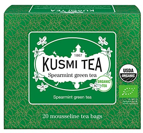 Kusmi Tea - Thé Vert à la Menthe Bio - À Déguster Chaud ou en Thé Glacé - Boisson Désaltérante Traditionnelle - Véritables Feuilles de Menthe - 20 Sachets thé Mousseline