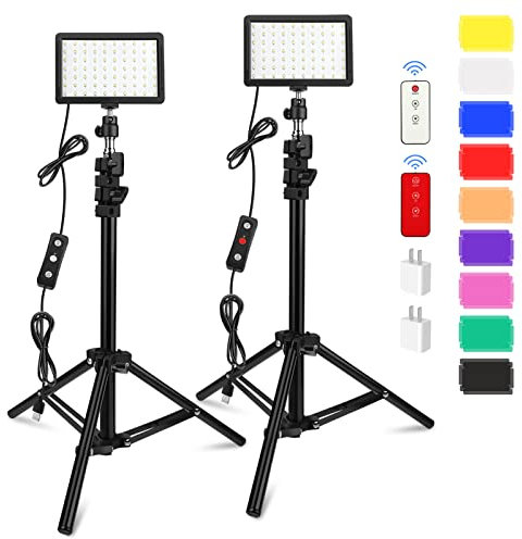2 Packungen 70 LED-Videoleuchte mit Stativ/Farbfilter/Fernbedienung/USB-Ladegerät, Obeamiu 5600K USB Studio-Aufnahmekit für Fotobeleuchtung, Live-Streaming, Zoom-Telefonkonferenzen