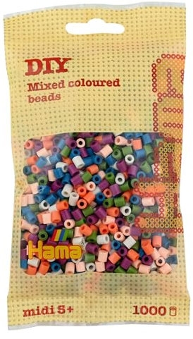 Hama Perlen 207-58 Bügelperlen Beutel mit ca. 1.000 bunten Midi Bastelperlen mit Durchmesser 5 mm, im Mix Nr. 58 mit 6 Farben, kreativer Bastelspaß für Groß und Klein