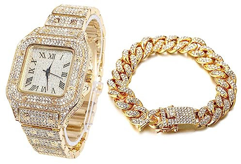 Halukakah Diamant Golduhr, Herren 18K Echt Vergoldet 40MM Breite Quadrat Wählen Quarz Armband 24cm mit Kubanischer Link Kette 20cm Armband Set, mit Geschenkbox