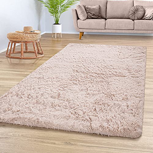 TT Home Teppich Wohnzimmer Hochflor Langflor Weich Soft Modernes Einfarbiges Design, Farbe: Beige Creme, Größe:160x220 cm