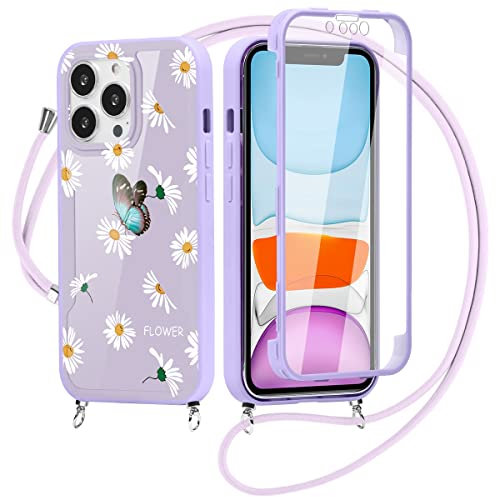 Yoedge 360 Grad Handyhülle Handykette für Apple iPhone XR 6,1,Necklace Silikon TPU Fullbody Schutzhülle mit Integriertem Displayschutz Transparent Stoßfest Hülle mit Band zum Umhängen - Gänseblümchen