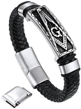 Bandmax Faux Leder Armband mit Edelstahl Magnetverschluss Herren Freimaurerei Wachsschnur-Armband 21cm Lederarmband Geflochten Manschette Armkette Leder-Armreifen Modeschmuck für Jahrestag