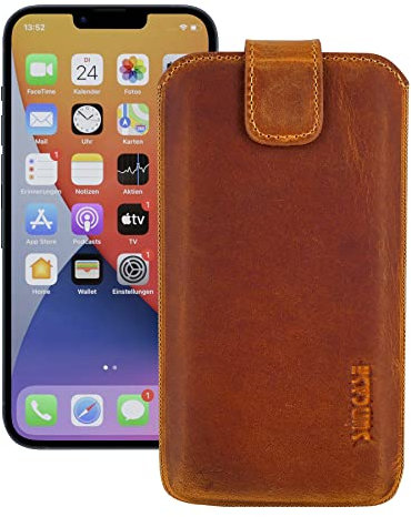 Suncase ECHT Leder Tasche kompatibel mit iPhone 14 (6,1 Zoll) mit ZUSÄTZLICHER Transparent Hülle | Schale | Silikon Bumper Handytasche (mit Rückzugsfunktion und Magnetverschluss) in antik Cognac