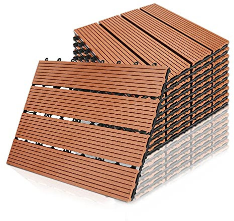 Ikodm Piastrelle per Pavimenti da Esterno Piastrelle per Terrazze in WPC, 30x30cm 110 Pezzi 10m² Piastrelle da Giardino con Drenaggio e Sistema Plug-in, Antiscivolo, Marron