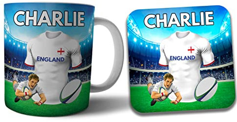 AK Giftshop Personalised England Rugby Shirt Colours Mug and Coaster Gift Set