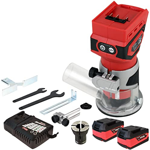 Excel 18V Cordless Router Trimmer with 2 x 5.0Ah Battery & Charger - Chuck Capacity 6mm - Speed 12000-30000 RPM - Brushes Motor - Shaft Lock - Dust Nozzle