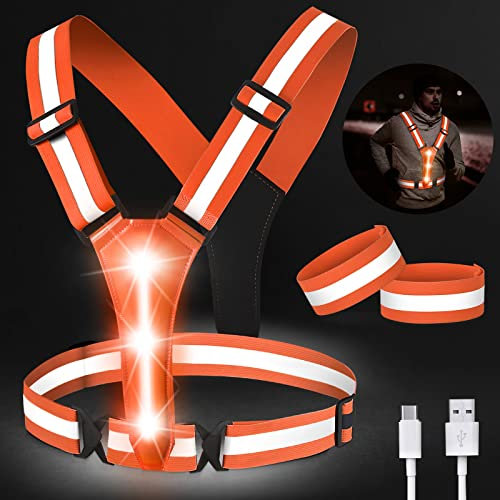 Warnweste LED Aufladbar - Einstellbare Reflektorweste Laufweste für Damen Herren mit 2 Reflektorbänder, LED Warnweste Kinder Sicherheitsweste für Joggen, Wandern oder Radfahren in der Nacht