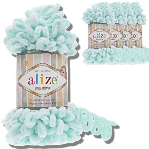 Alize 5x 100g Puffy türkische Wolle Super Bulky Chenillegarn Kuschelweich Babywolle Handstrickgarn zum häkeln weiches Chenille-Garn XXL-Knäuel für Amigurumi (Water Green | 15)