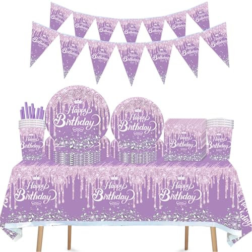 ZOOMPIL Stoviglie con Diamante Viola, Stoviglie per Feste di Compleanno per Bambini, Piatti, Tazze, Tovaglie, Cannucce, Tovaglioli e Striscione - 10 Ospiti