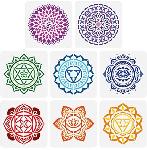 FINGERINSPIRE 8 Stück Chakra Symbol Schablone 15x15cm Kunststoff PET Mandala Blumenschablone, Wiederverwendbar Yoga Meditation Blumen Schablone Für DIY Sammelalbum, Fliesen, Stoff, Fotoalbum