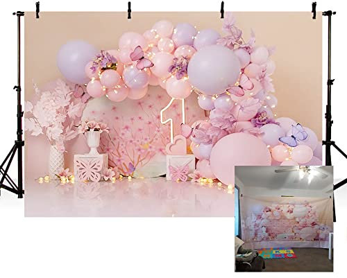 MEHOFOND Fotohintergrund für Mädchen, 1. Geburtstag, Rosa, Blumen, Luftballons, Schmetterling, Mädchen, 1. Geburtstag, Party, Kuchen, Smash, Dekor, Pastell-Portrait, Fotohintergrund, Banner,