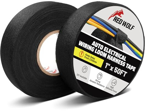 RED WOLF Wire Harness Cloth Tape 1 Inch x 50 FT Electric Wiring Loom Harness Flexibility High Abrasion Resistance Adhesive for Automobile Electrical Engine Noise Dampening Insulation 2 Rolls