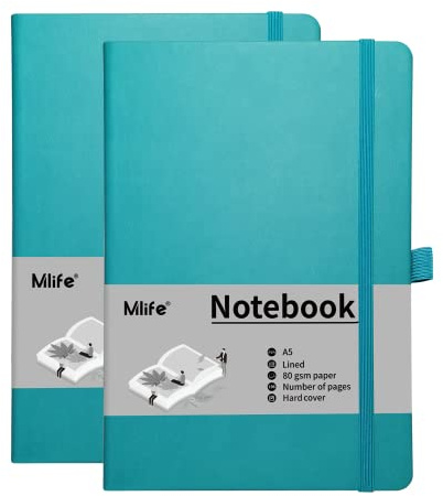 Mlife 2 Pack A5 Journal Notizbuch, 192 Seiten, Hardcover mit elastischem Verschlussband und Falttasche(Türkis)