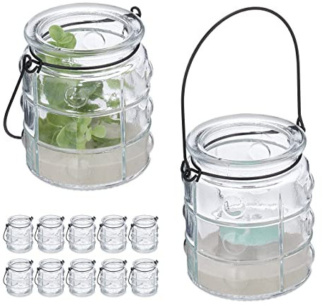 Relaxdays Windlicht, 12er Set, Glas, mit Henkel, innen & außen, runde Teelichthalter, HD 9 x 7,5 cm, transparent/schwarz