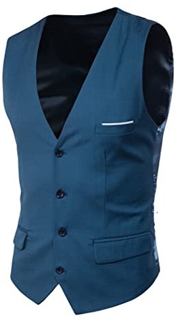 OMZIN Weste FüR MäNner V-Ausschnitt Slim Fit Formelle Business-Weste Einreihig Smoking-Weste Mit GüRtel Meeresblau L