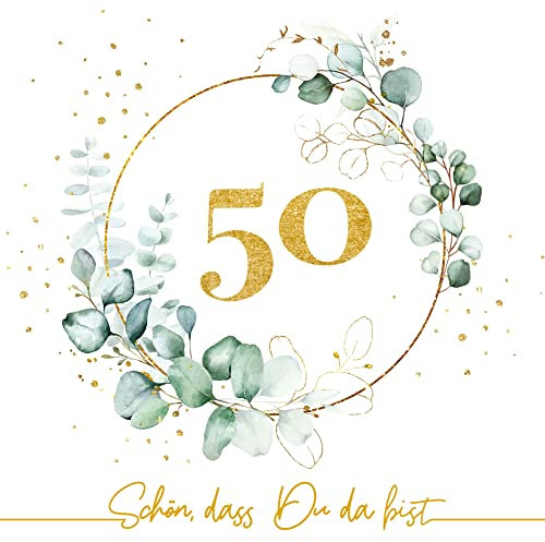 20 Servietten goldene 50 um Eukalyptus weiß | goldene Hochzeit | Geburtstag | Jubiläum | Schön dass Du da bist | Spruch | basteln | Decoupage | Serviettentechnik | Tischdeko 33x33cm