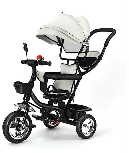 Homewell Dreirad mit Schubstange, Laufrad ab 1 Jahre, Kinderdreirad Kombiniert Trolley und Ride Funktionen, mit Faltbar, Abnehmbar Sonnendach und Pedal für Kinder unterschiedlichen Alters (01, Grau)