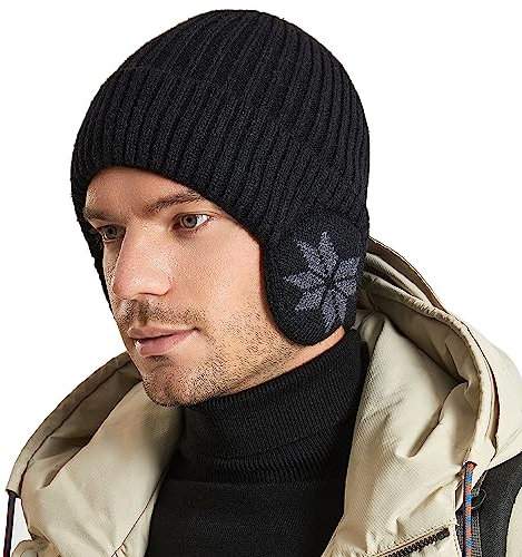 WANYIG Unisex Wintermütze Strickmütze Beanie Winter Mütze Warme Plain Hat mit 9cm Ohrenklappen für Damen und Herren(46 Schwarz)