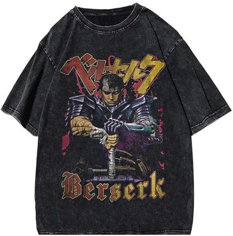 Gewaschenes Retro Tide T-Shirt Sommer Neue Berserk Anime Druck lose Kurzarm T-Shirt tun alte Tops