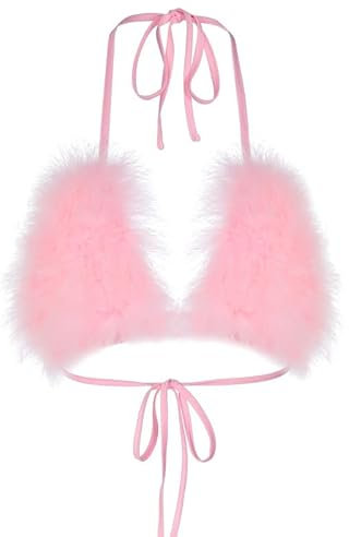 YJZQ Soutien-gorge sexy dos nu à plumes triangle bralette en fausse fourrure soutien-gorge bikini col en V sans manches dos nu crop top taille unique pour bretelles croisées, bralette, festival, Rose,
