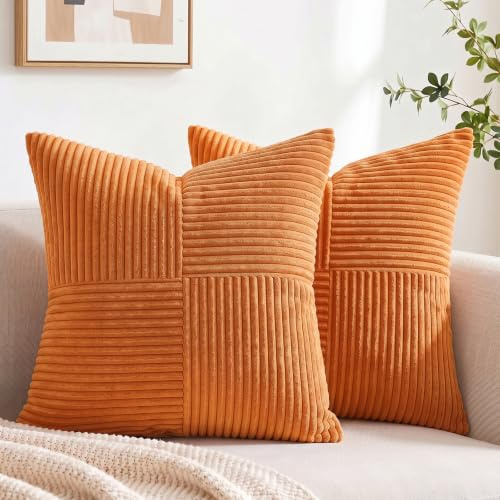 FDTERN 2er Set Orange Kordsamt Kissenbezug 45x45CM Weich Moderne Dekorative Kissenbezüge Kissenhülle Dekokissenbezug Sofakissen Dekokissen Boho Herbst Deko für Sofa Schlafzimmer Wohnzimmer Balkon