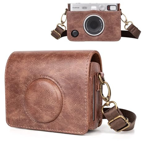 HIYQIN Mini EVO Camera Case, Vintage Leather Case Compatible with Fujifilm Instax Mini EVO, Fuji Instax Mini EVO Cover with Adjustable Strap - Coffee