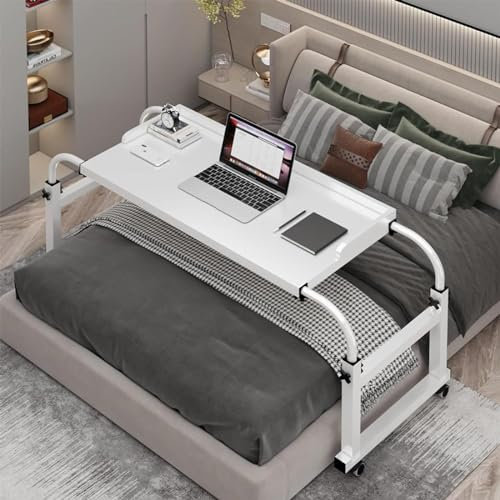 GXQFC Table de Lit avec 4 roulettes, Hauteur Réglable 65-95CM Bureau D'ordinateur Poste de Travail Debout Plateau Alimentaire Table Médicale Roulante pour Ordinateur Portable(Color:Blanc)