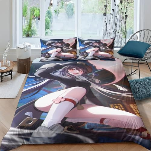 OPSREY Genshin Impact Luxuriöses Bettwäsche-Set Für Ultimativen Schlafkomfort - 3-teilig Mit Walnuss 3D-gedrucktem Bettbezug Aus Mikrofaser Und Passenden Kissenbezügen Double（200x200cm）