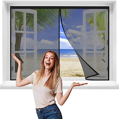 Mosquitera Magnética para Ventanas, 75x115cmAntimosquitos de Alta Resistencia, Cierre Automático de Arriba a Abajo, Mantiene el Aire Fresco Dentro y Los Insectos Fuera ，Negra