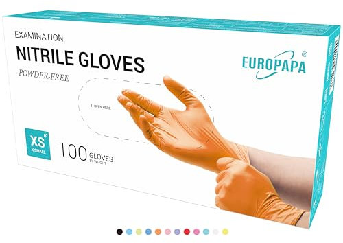 EUROPAPA 100 Guantes De Nitrilo Desechables, Guantes Desechables, Guantes De Examen, Guantes De Nitrilo, Sin Polvo, Sin LÁTex, No EstÉRiles, Sin LÁTex, Guantes Disponables (XS, Naranja)