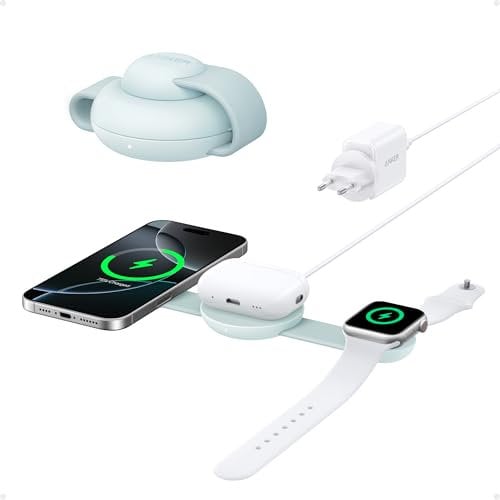 Anker MagGo Estación de Carga Inalámbrica 3 en 1 Compatible con MagSafe, inalambrico de 15W con Certificación Qi2, Base de Carga Plegable de Viaje para iPhone 15/14/13 Series,AirPods,Apple Watch y Más