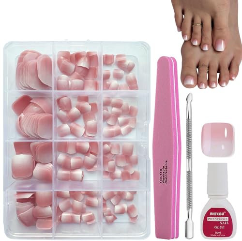 DMQ Ombre Press on Nails for Toes, 240Pcs Square Fake Toenails Short, Natural Pink Gradient False Toe Nails Glossy Full Cover Glue on Nails Nail Art Manicure Decorations for Girls Women