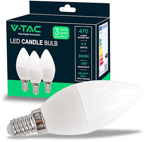 V-TAC 3x LED Glühbirne E14 Kerze - 4,5W (entspricht 40W) Kerzenlampe - 3er Pack - 470Lumen - Kerze Lampe - LED Glühlampen - Energiesparlampe - Licht 6500K Kaltweiß, Neutralweiß
