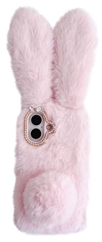 Sawiqpd for iPhone 16 5G Case 6.1 Inch, Cute Fluffy Furry Rabbit Ears Cover Soft Silicone Phone Case Faux Fur Warm Plush Bunny Shockproof TPU Bumper Back Case for iPhone 16 2024, Pink