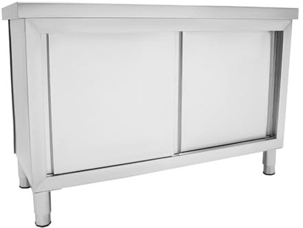 Porte scorrevoli, tavolo da lavoro commerciale, armadio da cucina, in acciaio inox, con ante argento, 120 x 50 x 95 cm
