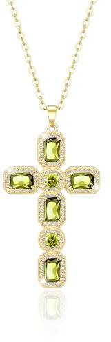 Linawe Kreuzkette Kreuz Kette Gold Halskette Goldkette Damen, Kette mit Kreuz Anhänger, Peridot Grün Diamant Geburtsstein Kristall Kettenanhänger, Kette Vergoldet Schmuck Jewelry