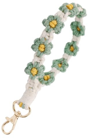 CHUQING Schlüsselanhänger Makramee Schlüsselband Kurz Stoff Schlüsselanhänger boho Mädchen Schlüsselbund Armband für Frauen Grün und Weiß