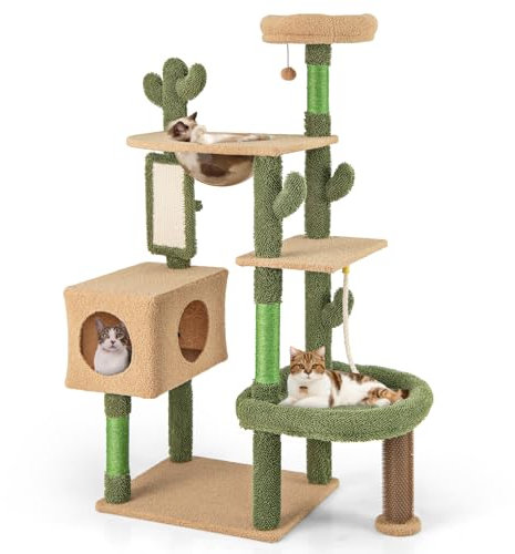 COSTWAY Arbre à Chat Cactus 150 cm, Tour pour Chats à 5 Étages, 4 Plateformes, Condo, Capsule, Arbre à Chat XXL, Brosse d'Toilettage, Planche à Griffer, 3 Poteaux à Griffer en Sisal