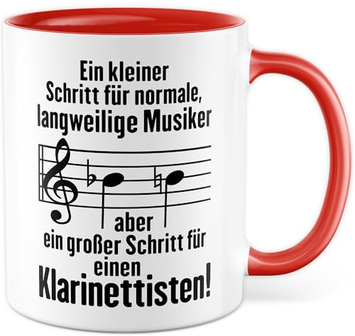 Klarinette Tasse mit Spruch - Geschenk Ein kleiner Schritt für normale, langweilige Musiker - Kaffeetasse aus Keramik 330ml - Klarinettist Orchester Musik Instrument Kaffee-Becher Witztasse