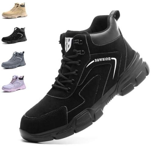 Nasogetch Scarpe Antinfortunistiche Uomo Donna Alte Scarpe da Lavoro Impermeabile Stivali da Lavoro Leggere Comode con Punta in Acciaio 9193 Nero 43 EU A