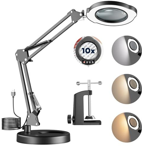 Jubaopen 2 en 1 Lampe Loupe 10X Lampe loupe LED Loupe avec Lumière et Support 5 Réglages de Lumière Réglables Lampe Loupe de Bureau avec Pince Luminosité Réglable pour La Lecture Réparation Artisanat