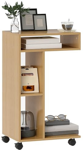 HOMCOM Mesa Auxiliar Multifuncional en Forma de C Mesa Auxiliar para Sofá con Ruedas Compartimentos Abiertos Mesa Lateral para Sofá Salón Dormitorio Oficina 40x30x69 cm Roble